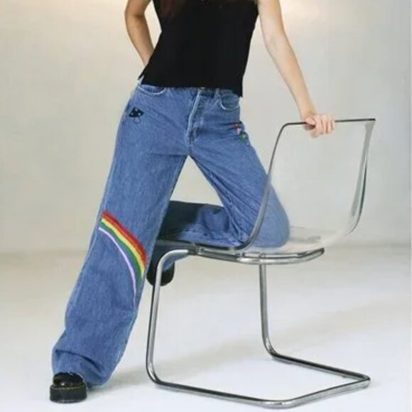 PacSun Rainbow, Mushroom, and Cherry Printed Baggy Jeans - Medium Wash - Picture 1 of 8